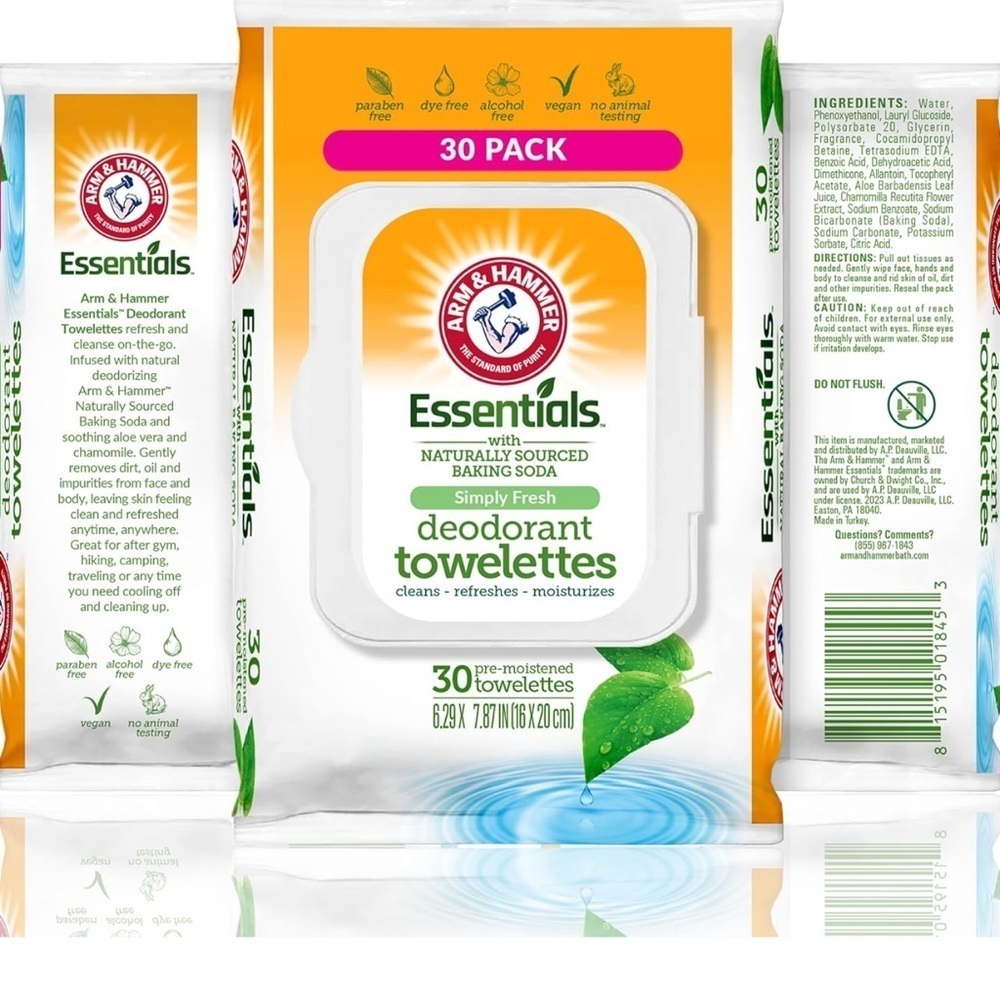 Pack 3 Arm & Hammer Essentials Towelettes Wipes Clear Water Simply Fre.